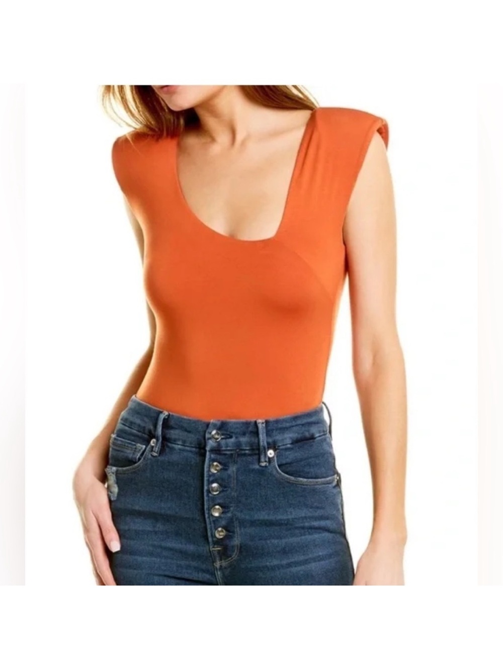 Good American Orange Scoop Neck Cap Sleeve Bodysuit